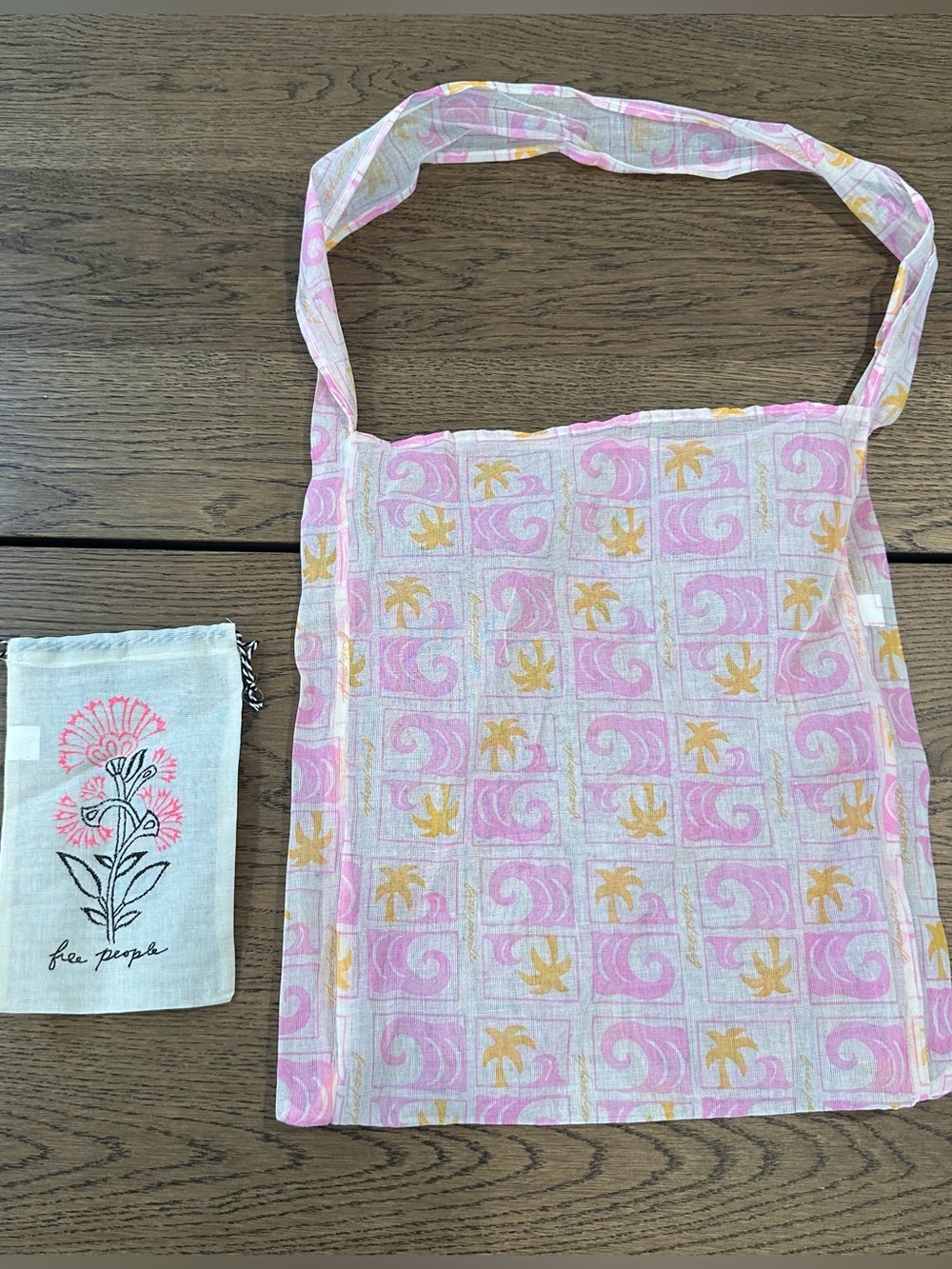 Free People Reusable Shopping Tote Bag Pink Palm Tree Wave Print And Dust Bag